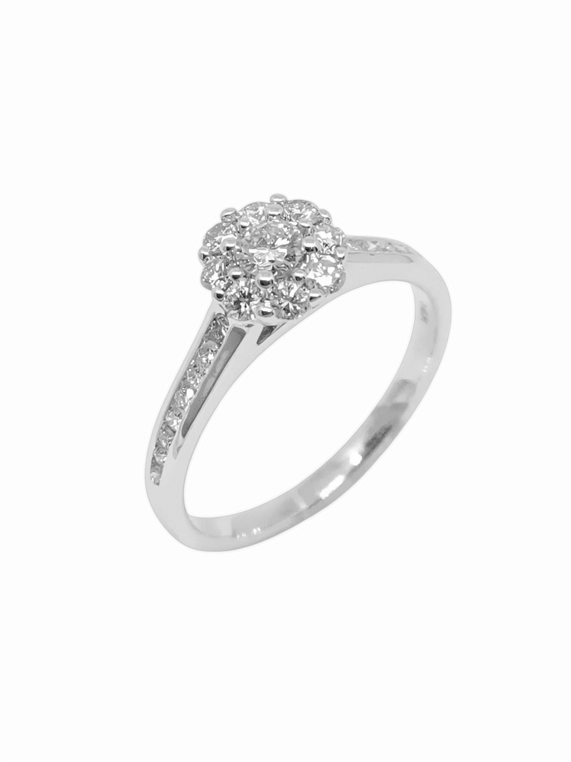 Anillo Solitario Flor Oro Blanco